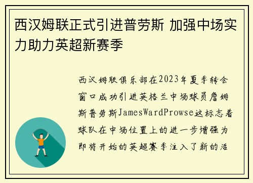 西汉姆联正式引进普劳斯 加强中场实力助力英超新赛季